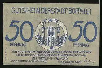Notgeld Boppard 1920, 50 Pfennig, Stadtansicht mit Dampfer, Wappen