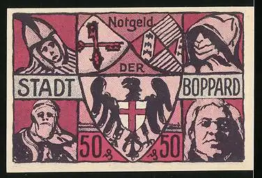 Notgeld Boppard 1921, 50 Pfennig, Kirche St. Severus, Wappen