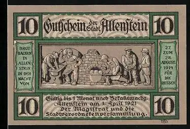 Notgeld Allenstein 1921, 10 Pfennig, Beim Brotbacken, General der Infanterie v. Below, General der Artillerie v. Scholtz