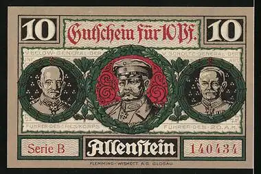 Notgeld Allenstein 1921, 10 Pfennig, Beim Brotbacken, General der Infanterie v. Below, General der Artillerie v. Scholtz