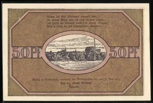 Notgeld Woldegk 1922, 50 Pfennig, Stadtansicht mit Mühle, Turm mit Durchgang