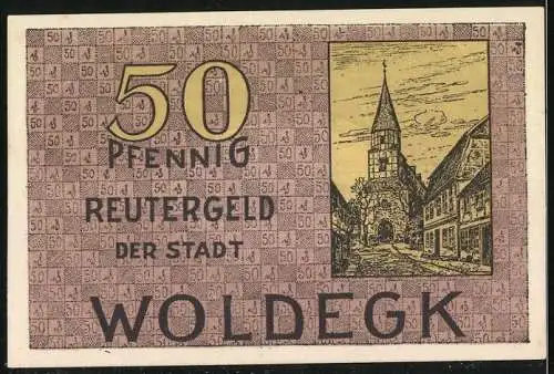 Notgeld Woldegk 1922, 50 Pfennig, Stadtansicht mit Mühle, Turm mit Durchgang