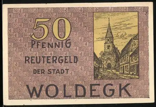 Notgeld Woldegk 1922, 50 Pfennig, Turm mit Durchgang, Stadtansicht mit Mühle