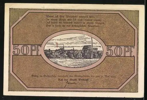 Notgeld Woldegk 1922, 50 Pfennig, Turm mit Durchgang, Stadtansicht mit Mühle
