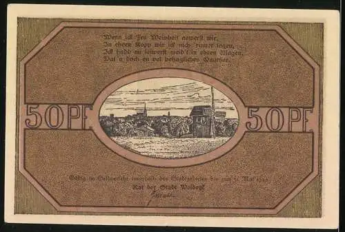 Notgeld Woldegk 1922, 50 Pfennig, Stadtansicht mit Mühle, Turm mit Durchgang