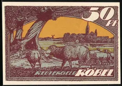Notgeld Röbel 1922, 50 Pfennig, Bauern auf dem Feld, Schafherde vor dem Ort