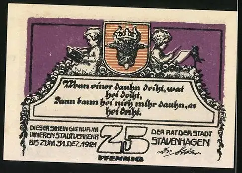 Notgeld Stavenhagen 1921, 25 Pfennig, Wappen, Professor im Sessel sitzend