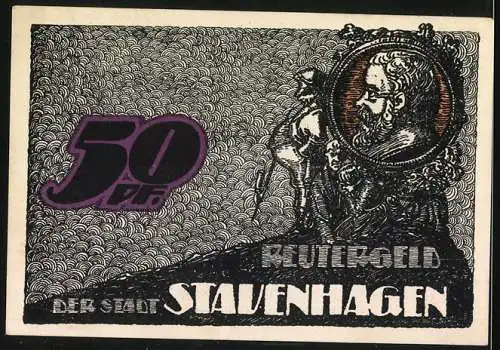 Notgeld Stavenhagen 1921, 50 Pfennig, Herrenportrait, Waldidylle
