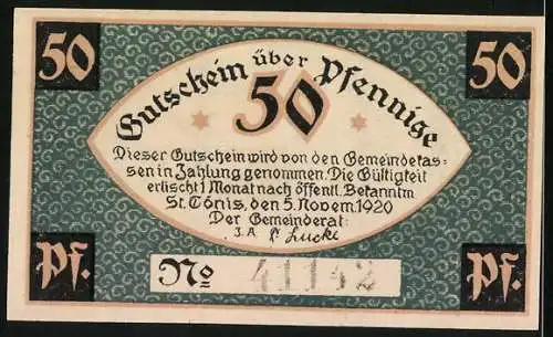 Notgeld St. Tönis 1920, 50 Pfennig, Arbeiter an einer Maschine