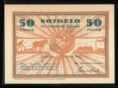 Notgeld Schaala 1921, 50 Pfennig, Haus mit Turm und Durchgang, Bauer mit Pferdepflug und Fabrik