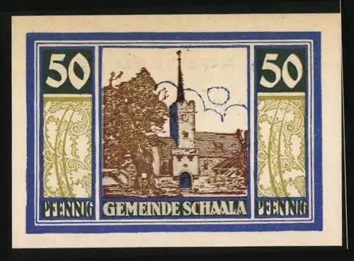 Notgeld Schaala 1921, 50 Pfennig, Haus mit Turm und Durchgang, Bauer mit Pferdepflug und Fabrik