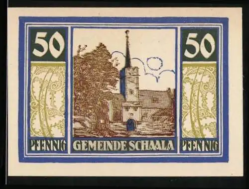 Notgeld Schaala 1921, 50 Pfennig, Haus mit Turm und Durchgang, Bauer mit Pferdepflug und Fabrik