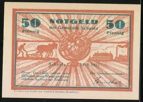 Notgeld Schaala 1921, 50 Pfennig, Haus mit Turm und Durchgang, Bauer mit Pferdepflug und Fabrik