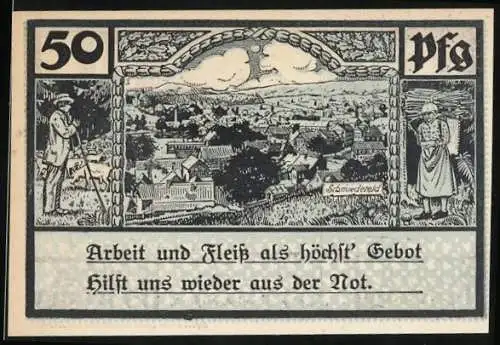 Notgeld Schmiedefeld, 50 Pfennig, Ortspanorama, Marktfrau, Reagenzgläser & Thermometer