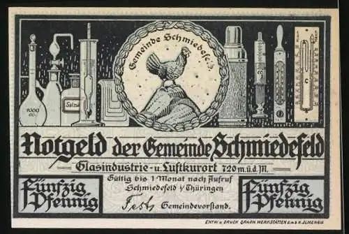 Notgeld Schmiedefeld, 50 Pfennig, Ortspanorama, Marktfrau, Reagenzgläser & Thermometer