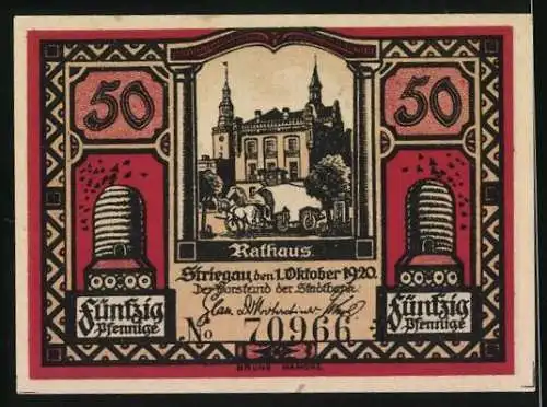 Notgeld Striegau i. Schles. 1920, 50 Pfennig, Stadtpanorama, Stadtwappen, Rathaus