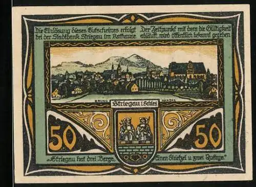 Notgeld Striegau i. Schles. 1920, 50 Pfennig, Stadtpanorama, Stadtwappen, Rathaus