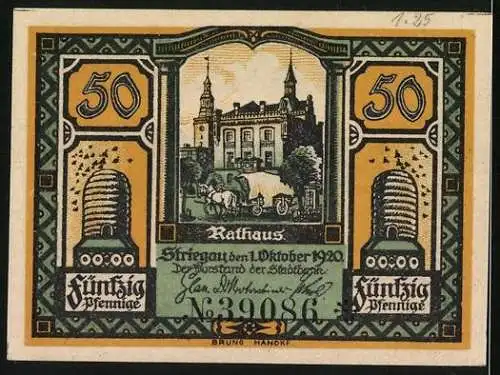 Notgeld Striegau i. Schles. 1920, 50 Pfennig, Stadtpanorama, Stadtwappen, Rathaus