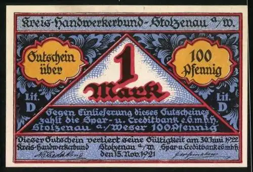 Notgeld Stolzenau a. W. 1922, 100 Pfennig, Schmied am Ambos, Wappen