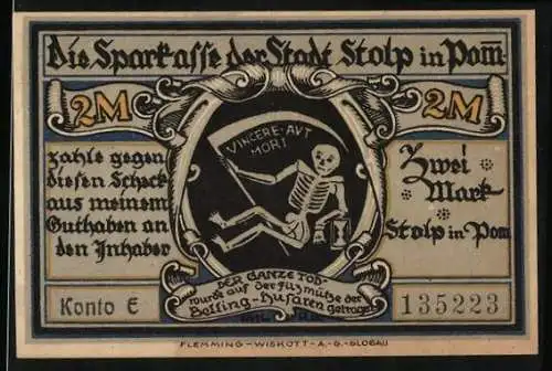 Notgeld Stolp i. Pom., 2 Mark, Feldmarschmässig 1866, Tod mit Sense
