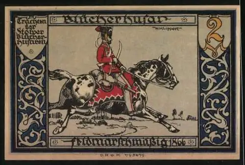 Notgeld Stolp i. Pom., 2 Mark, Feldmarschmässig 1866, Tod mit Sense