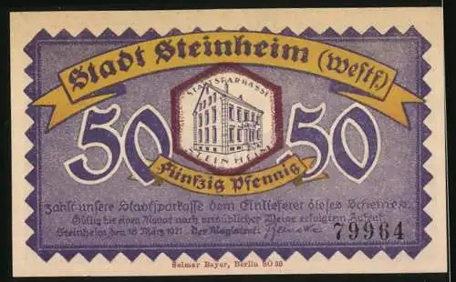 Notgeld Steinheim i. W. 1921, 50 Pfennig, Bauernhaus, Wasserflasche & Schinken, Stadtsparkasse
