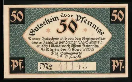 Notgeld St. Tönis 1920, 50 Pfennig, Arbeiter an einer Mascine