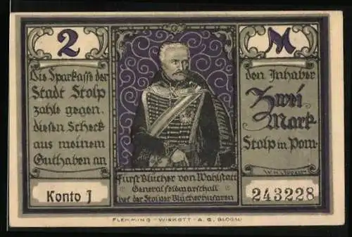 Notgeld Stolp i. Pom., 2 Mark, Fürst Blücher von Wahlstatt, Blüchers Marsch nach Waterloo