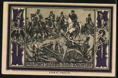 Notgeld Stolp i. Pom., 2 Mark, Fürst Blücher von Wahlstatt, Blüchers Marsch nach Waterloo