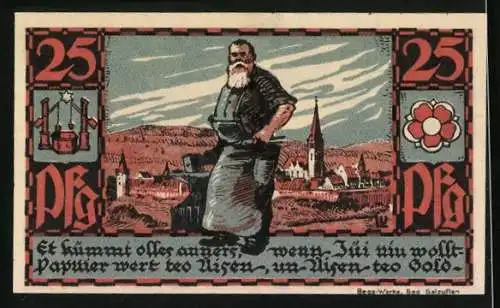 Notgeld Bad Salzuflen 1921, 25 Pfennig, Schmied steht am Ortsrand, Rathaus