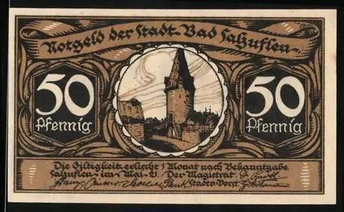 Notgeld Bad Salzuflen 1921, 50 Pfennig, Turm, Galgenstreit zwischen Salzuflen und Schötmar