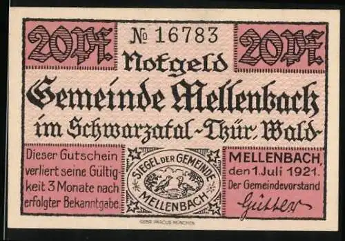 Notgeld Mellenbach i. Thür. 1921, 20 Pfennig, Schwarzatal, Siegel der Gemeinde