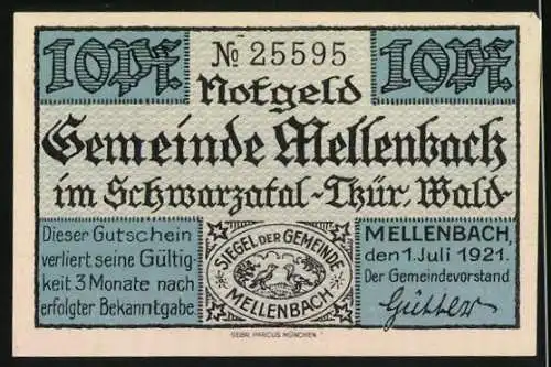 Notgeld Mellenbach i. Thür. 1921, 10 Pfennig, Schwarzatal, Siegel der Gemeinde