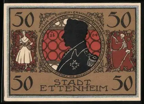 Notgeld Ettenheim 1922, 50 Pfennig, Herzog von Enghien, Frau & Tod, Stadtwappen