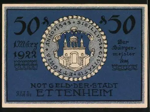 Notgeld Ettenheim 1922, 50 Pfennig, Herzog von Enghien, Frau & Tod, Stadtwappen