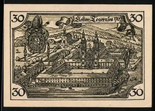 Notgeld Tegernsee 1921, 30 Pfennig, Kloster um 1702, Graf Adalbert u. Otkar Huosi mit Stadtmodell