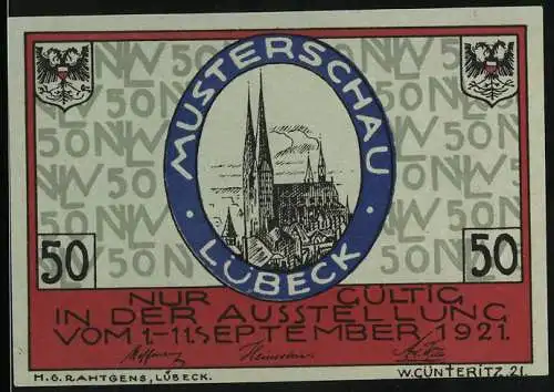 Notgeld Lübeck 1921, 50 Pfennig, Stadtwappen, Nordische Woche und Musterschau, Münsterkirche