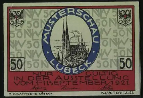 Notgeld Lübeck 1921, 50 Pfennig, Stadtwappen, Nordische Woche und Musterschau, Münsterkirche