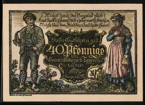 Notgeld Tegernsee 1921, 40 Pfennig, Ortsansicht, Bauernpaar