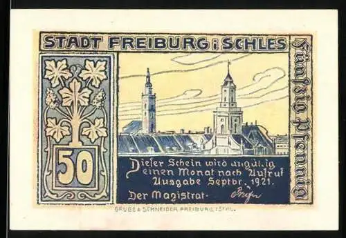 Notgeld Freiburg i. Schles. 1921, 50 Pfennig, Eingang alte Burg, Kirche