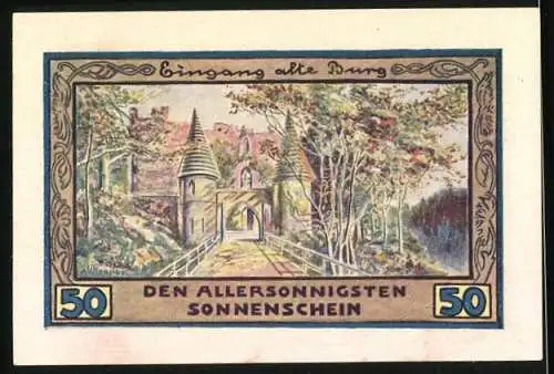 Notgeld Freiburg i. Schles. 1921, 50 Pfennig, Eingang alte Burg, Kirche