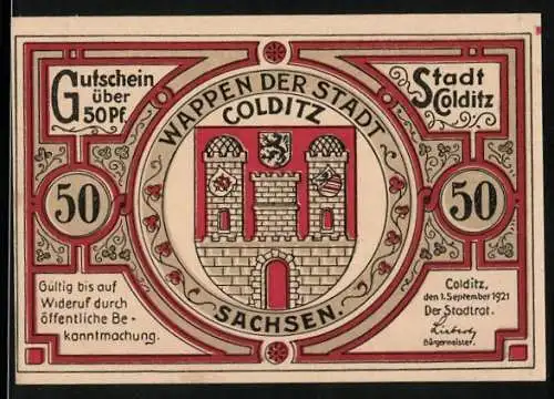 Notgeld Colditz 1921, 50 Pfennig, Stadtwappen, Rathaus