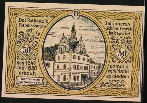 Notgeld Colditz 1921, 50 Pfennig, Stadtwappen, Rathaus