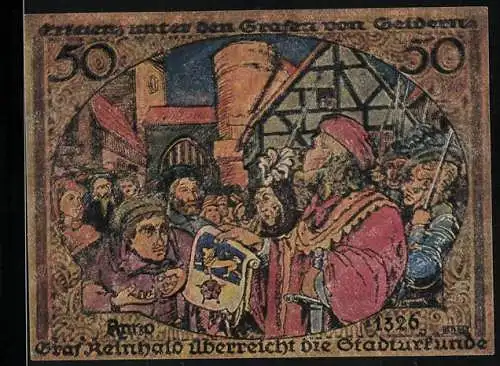 Notgeld Erkelenz 1921, 50 Pfennig, Stadtwappen, Graf Reinald überreicht die Stadturkunde 1326