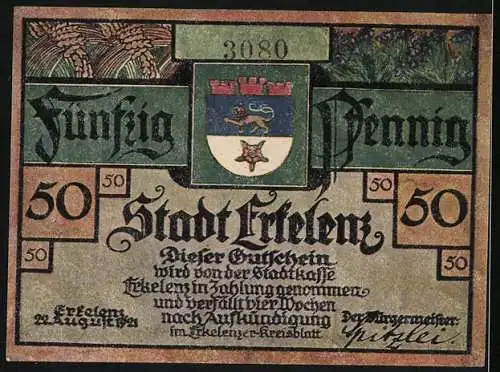 Notgeld Erkelenz 1921, 50 Pfennig, Stadtwappen, Graf Reinald überreicht die Stadturkunde 1326