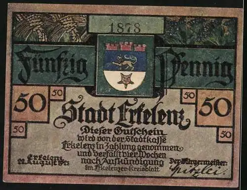 Notgeld Erkelenz 1921, 50 Pfennig, Stadtwappen, Pfarrer Goswin vor Kaiser Karl 1543