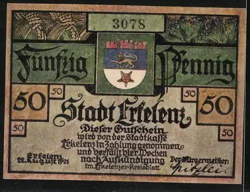 Notgeld Erkelenz 1921, 50 Pfennig, Stadtwappen, Bekanntmachung der Besitzergreifung 1794