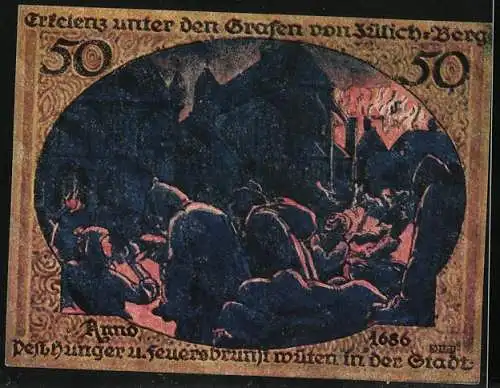 Notgeld Erkelenz 1921, 50 Pfennig, Stadtwappen, Pesthunger u. Feuersbrunst wüten 1686 in der Stadt