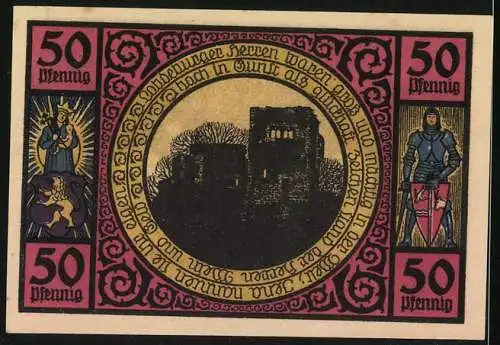 Notgeld Lobeda 1921, 50 Pfennig, auf den Bergen die Burgen, Ritter & Fräulein, Burgruine