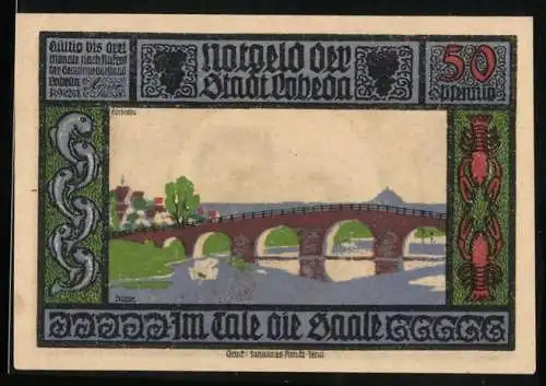 Notgeld Lobeda 1921, 50 Pfennig, Fische & Hummer, im Tale die Saale, Burgruine